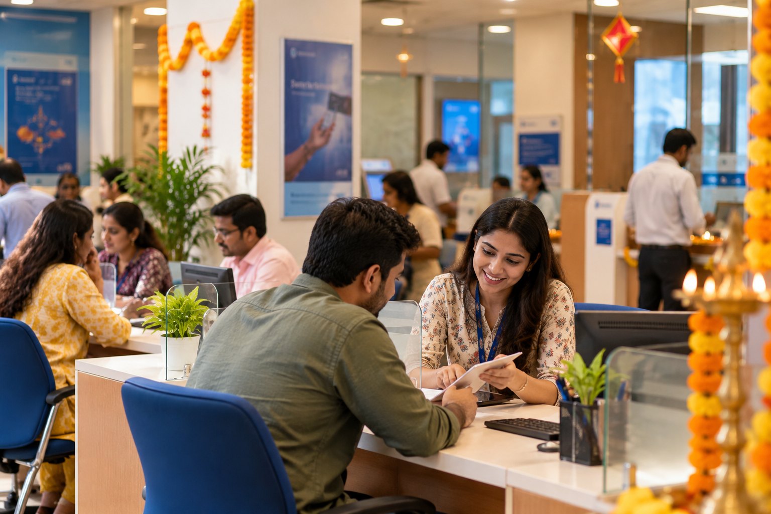 Bank relationship manager helping a customer at a festive-decorated branch